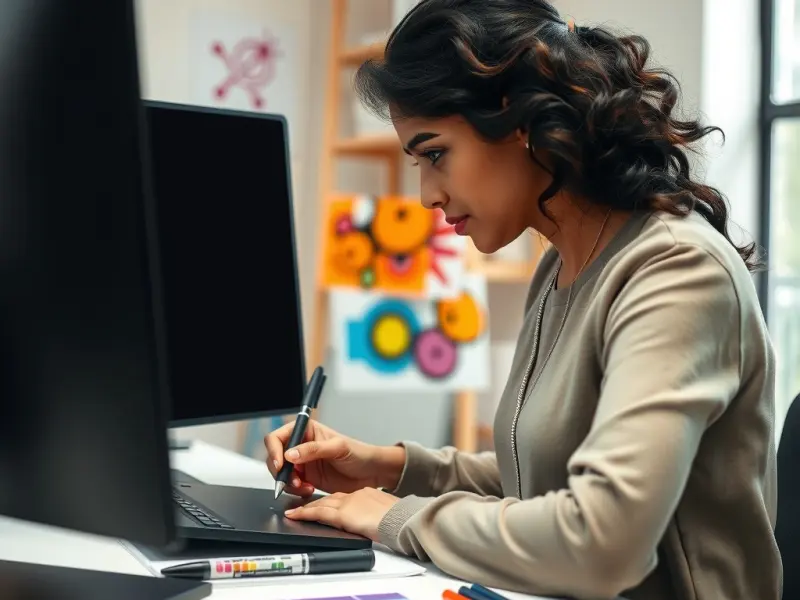 Creator designing a digital product on a pen tablet with colour swatches on the desk