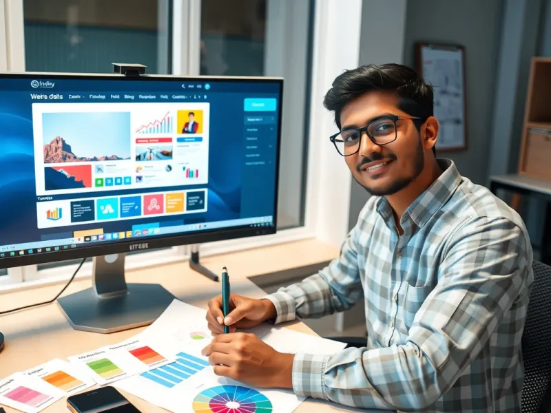 Web designer sketching wireframes next to a monitor showing a website layout